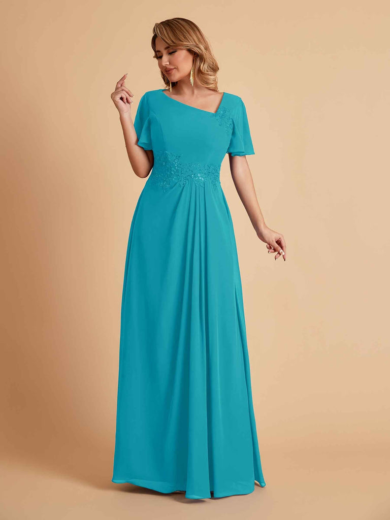 Elegant A-Line Chiffon Short Sleeves V-Neck Mother of the Brides Dresses Online