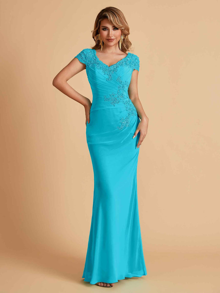 Elegant Mermaid Chiffon Cap Sleeves V-Neck Lace Mother of the Brides Dresses Online UK