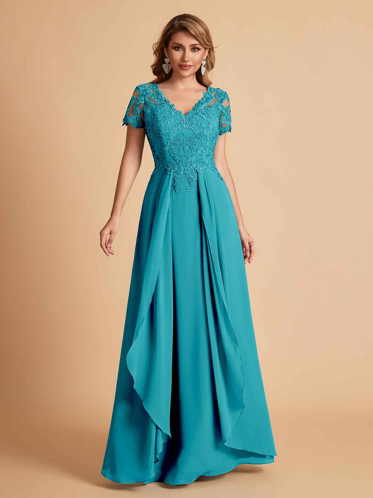 Chiffon Short Sleeves V-neck Lace Mother of the Brides Dresses UK