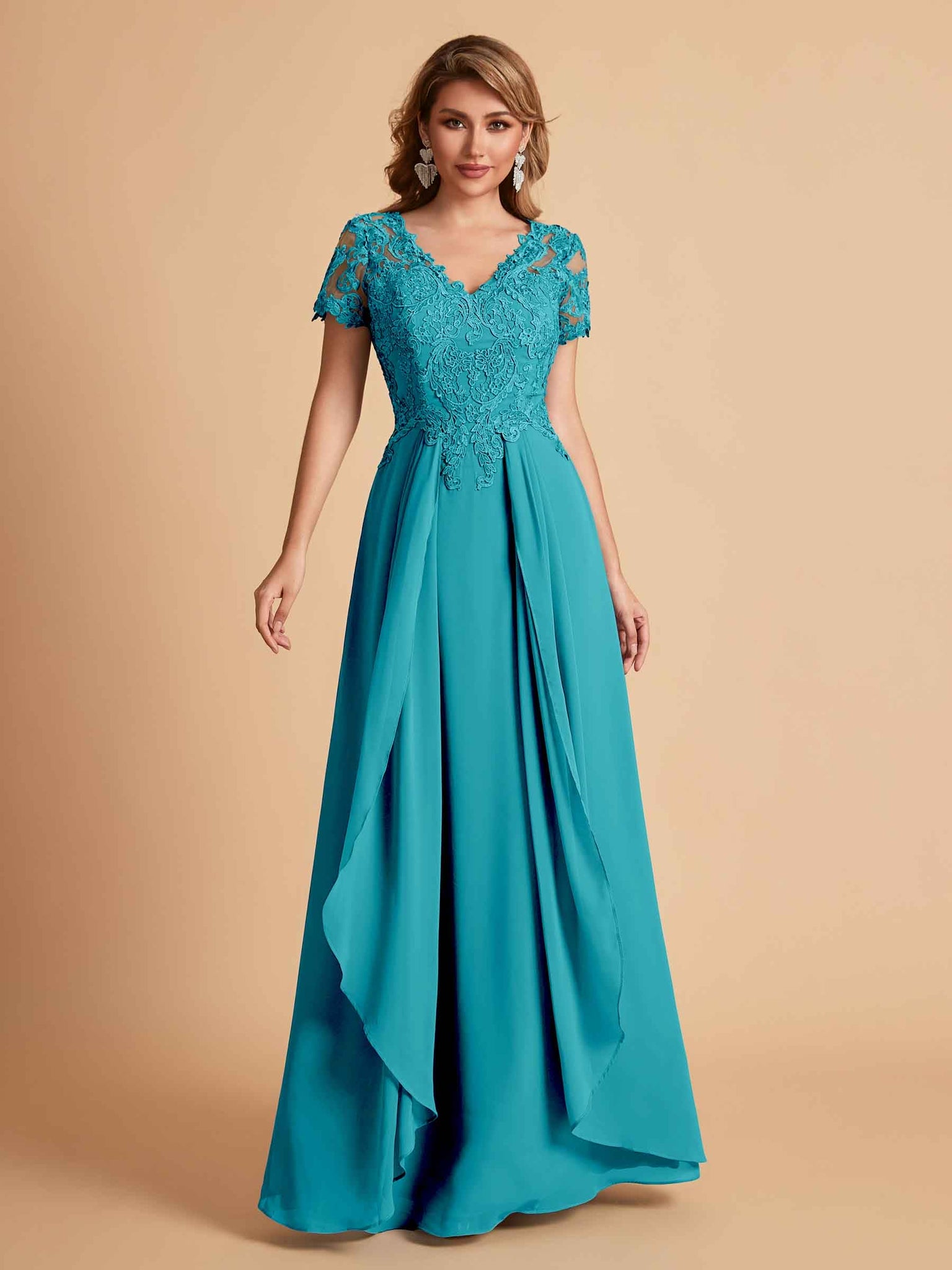 Chiffon Short Sleeves V-neck Lace Mother of the Brides Dresses UK