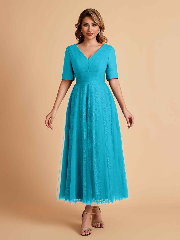 Elegant A-line Short Sleeves Tulle Lace V-neck Maxi Mother of the Brides Dresses Online UK