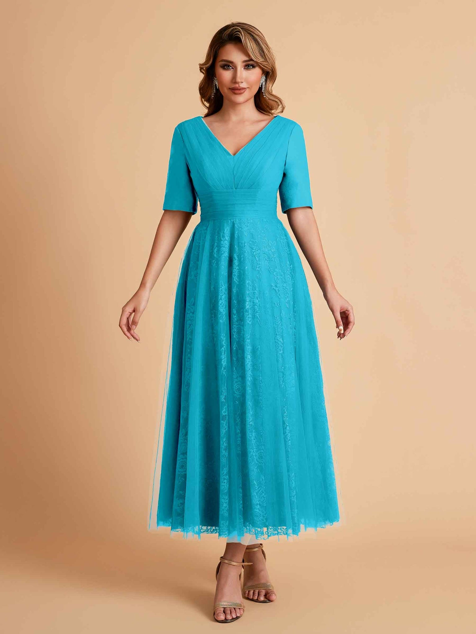 Elegant A-line Short Sleeves Tulle Lace V-neck Maxi Mother of the Brides Dresses Online UK