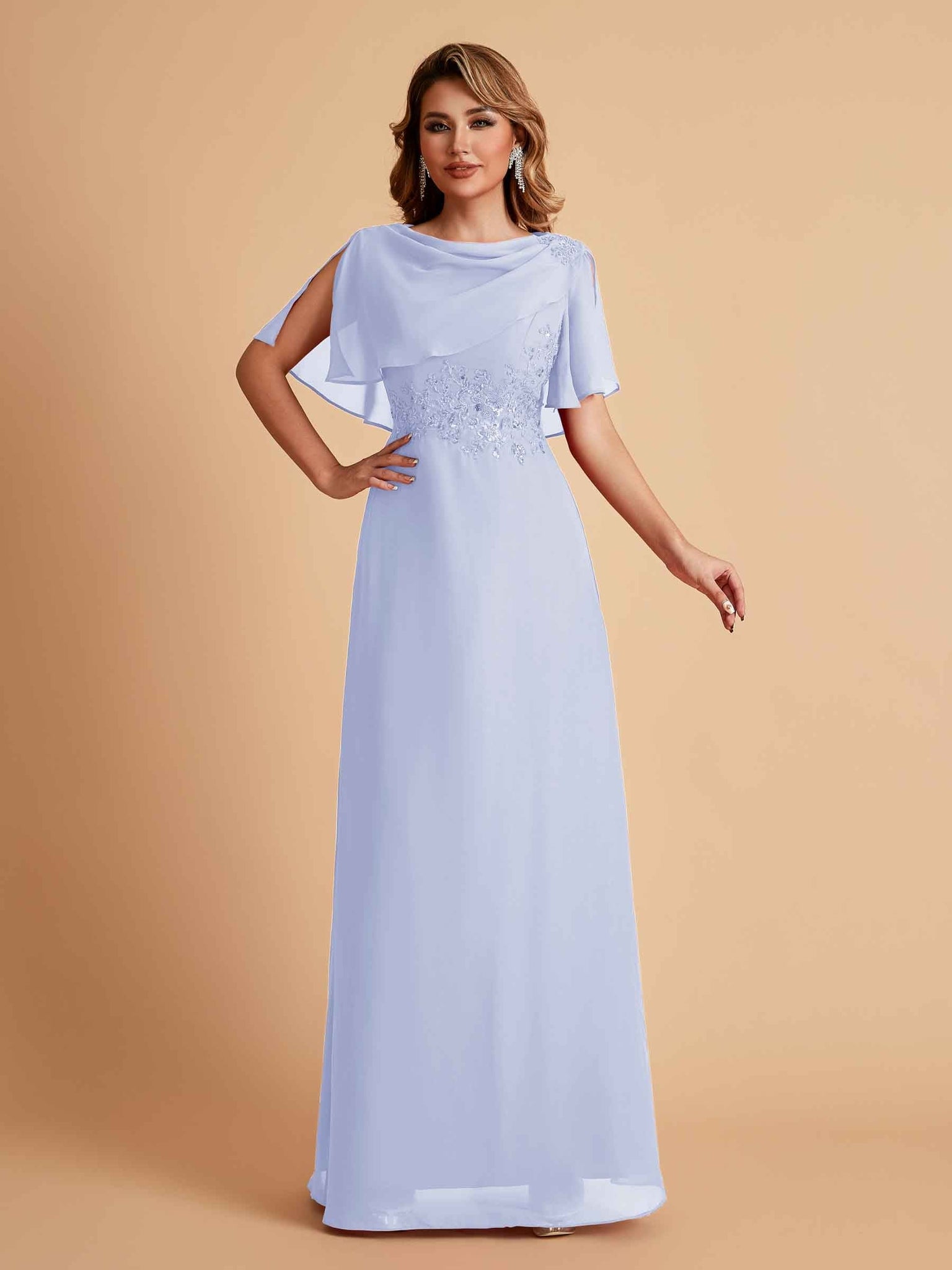 Elegant A-Line Chiffon Half Sleeves Cowl Neck Mother of the Brides Dresses Online UK