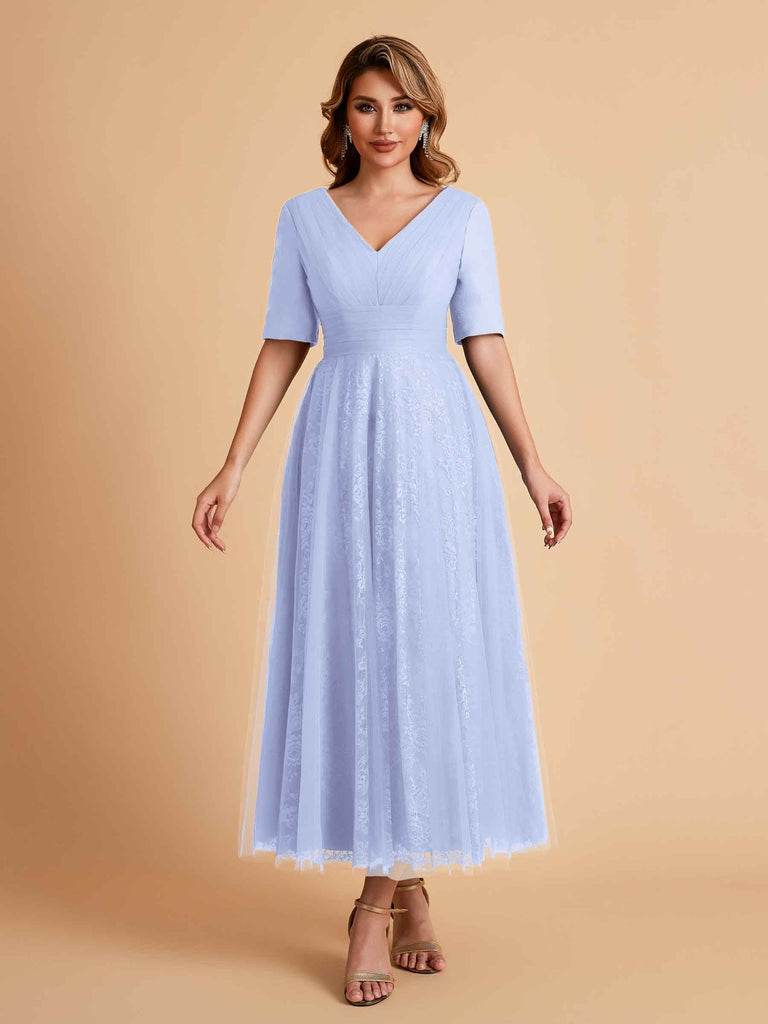 Elegant A-line Short Sleeves Tulle Lace V-neck Maxi Mother of the Brides Dresses Online UK