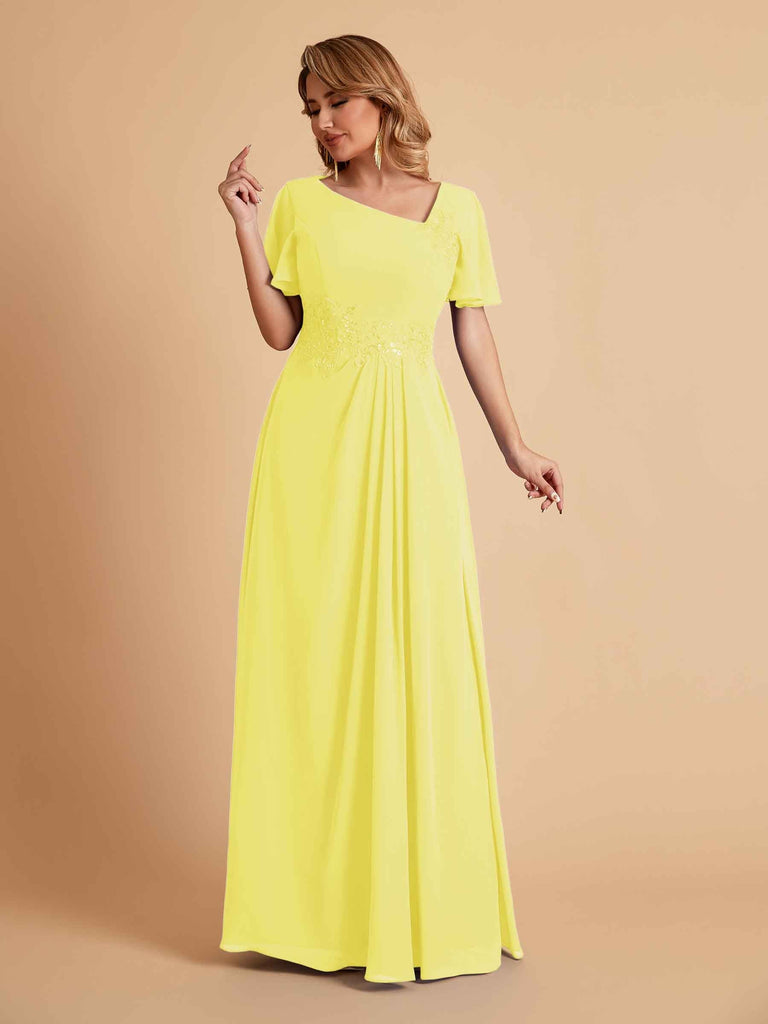Elegant A-Line Chiffon Short Sleeves V-Neck Mother of the Brides Dresses Online