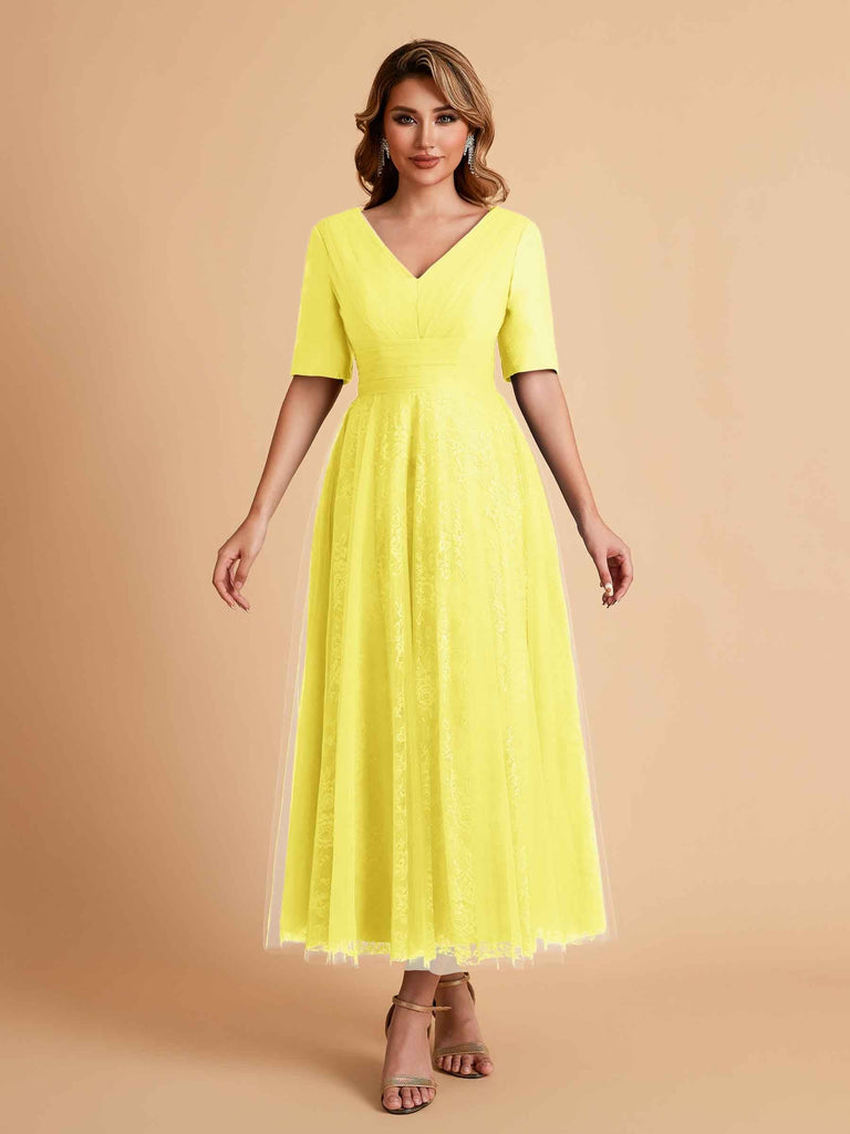 Elegant A-line Short Sleeves Tulle Lace V-neck Maxi Mother of the Brides Dresses Online UK