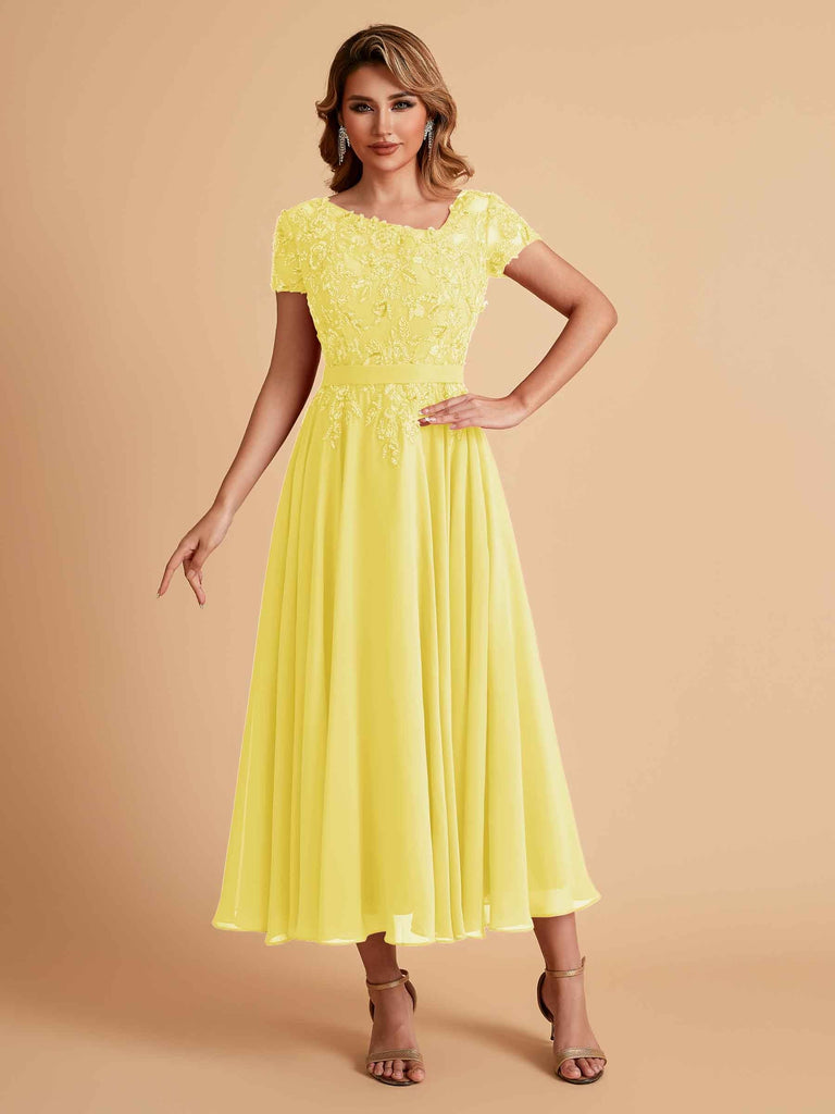 Elegant Chiffon Short Sleeves Short Midi Mother of the Brides Dresses UK Online