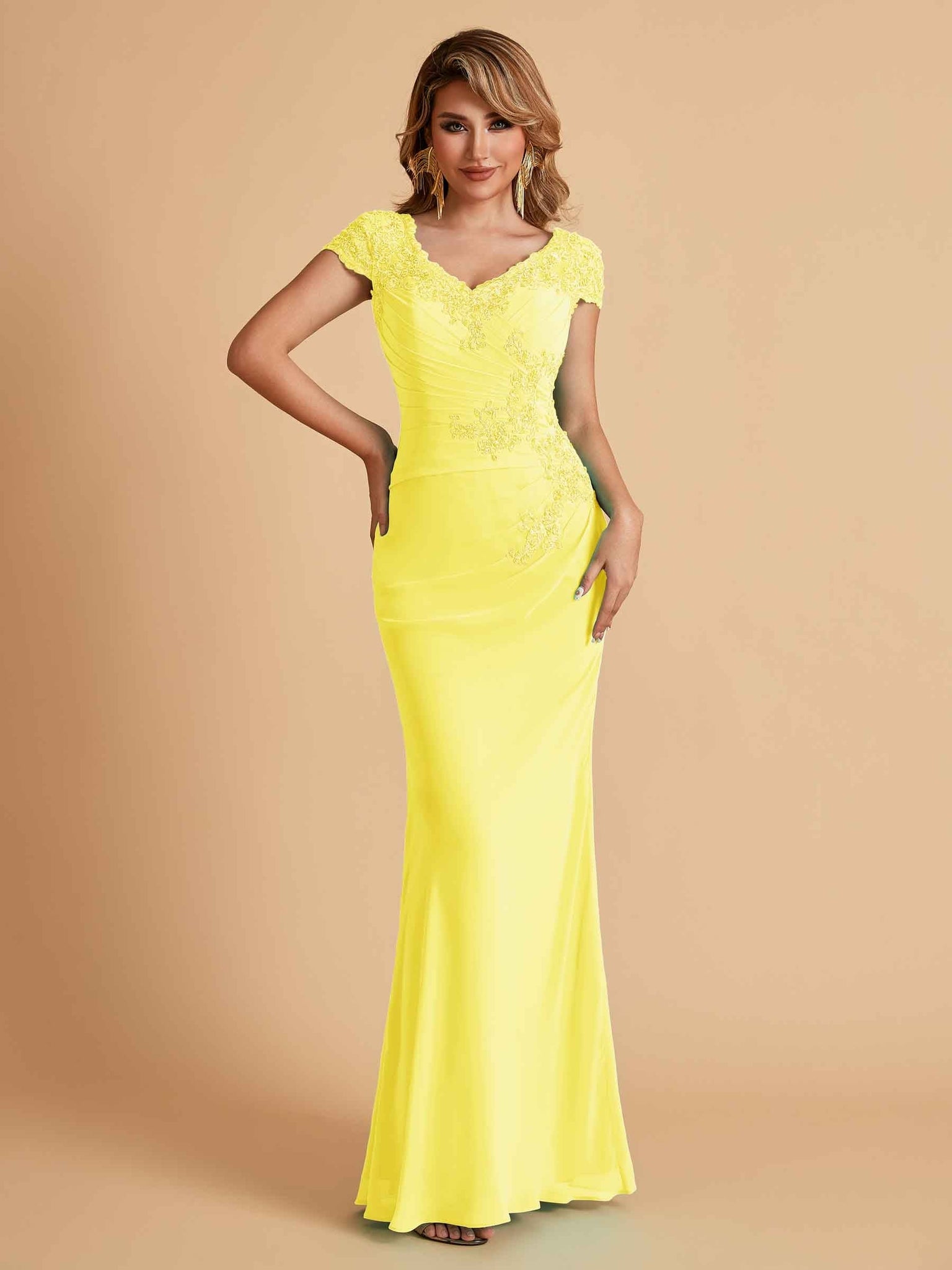 Elegant Mermaid Chiffon Cap Sleeves V-Neck Lace Mother of the Brides Dresses Online UK