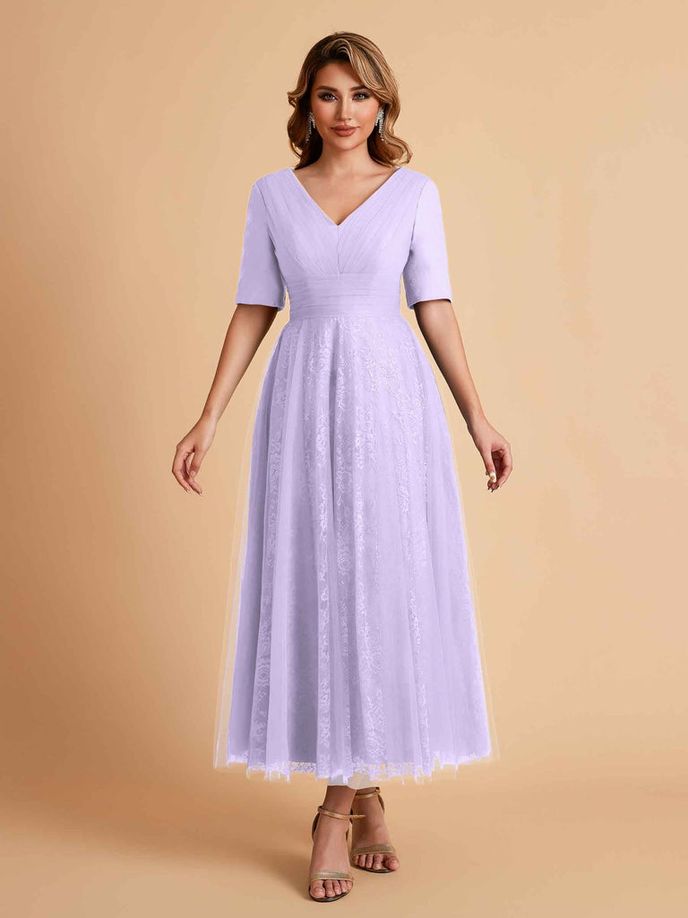 Elegant A-line Short Sleeves Tulle Lace V-neck Maxi Mother of the Brides Dresses Online UK