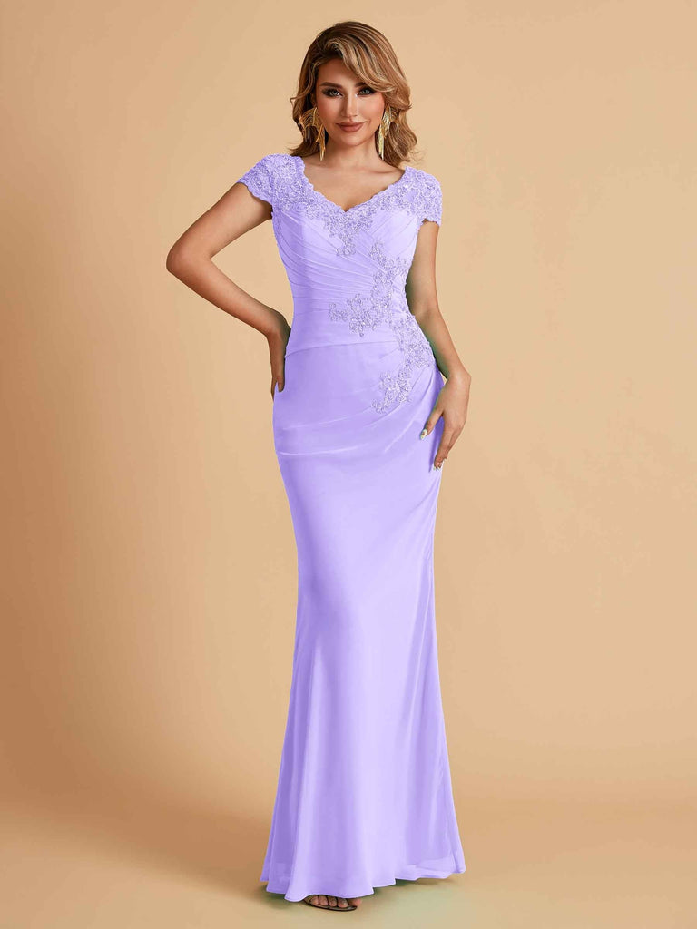 Elegant Mermaid Chiffon Cap Sleeves V-Neck Lace Mother of the Brides Dresses Online UK