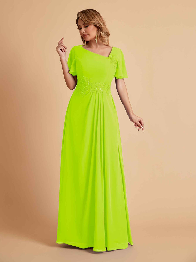 Elegant A-Line Chiffon Short Sleeves V-Neck Mother of the Brides Dresses Online
