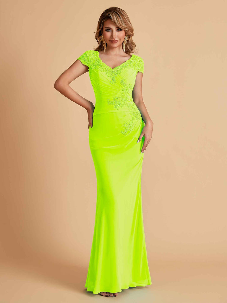 Elegant Mermaid Chiffon Cap Sleeves V-Neck Lace Mother of the Brides Dresses Online UK