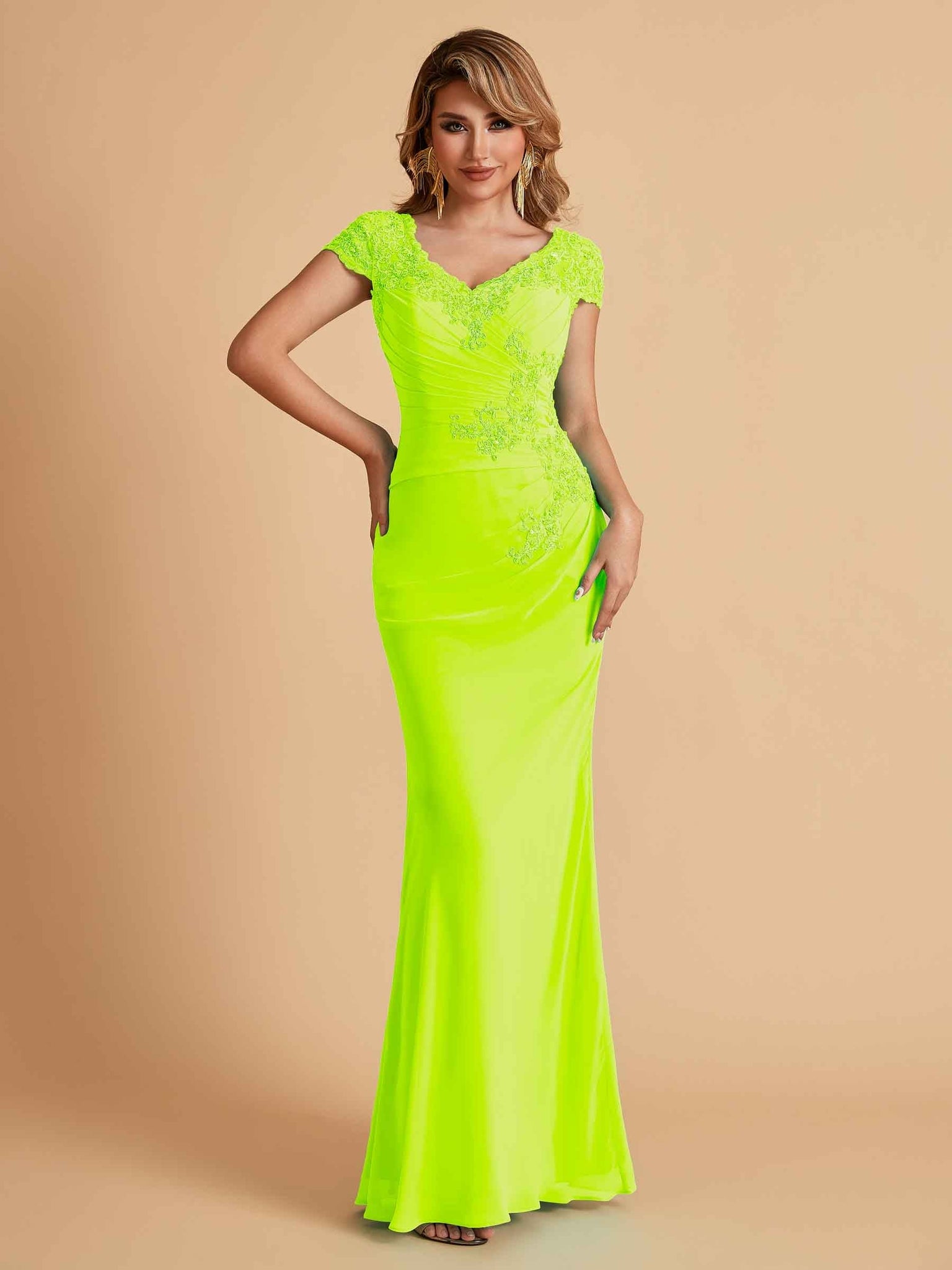 Elegant Mermaid Chiffon Cap Sleeves V-Neck Lace Mother of the Brides Dresses Online UK