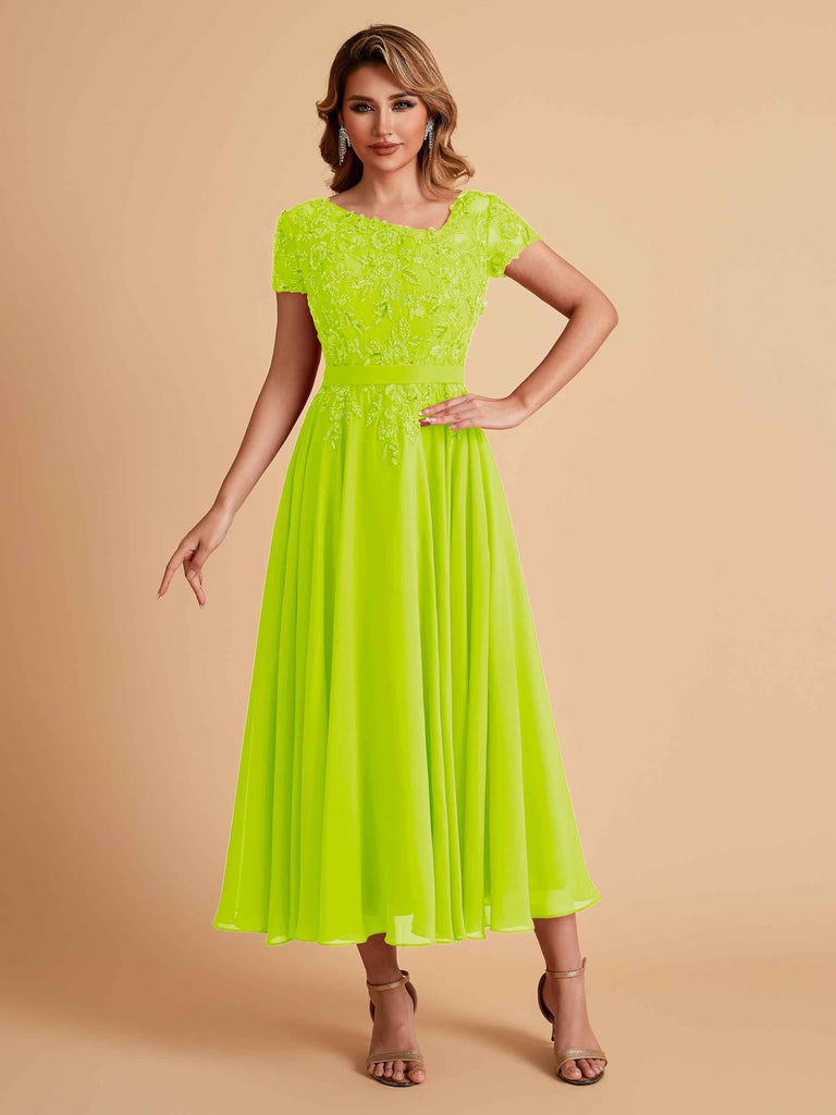 Elegant Chiffon Short Sleeves Short Midi Mother of the Brides Dresses UK Online