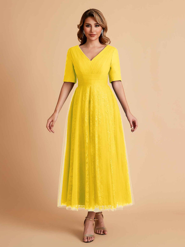 Elegant A-line Short Sleeves Tulle Lace V-neck Maxi Mother of the Brides Dresses Online UK