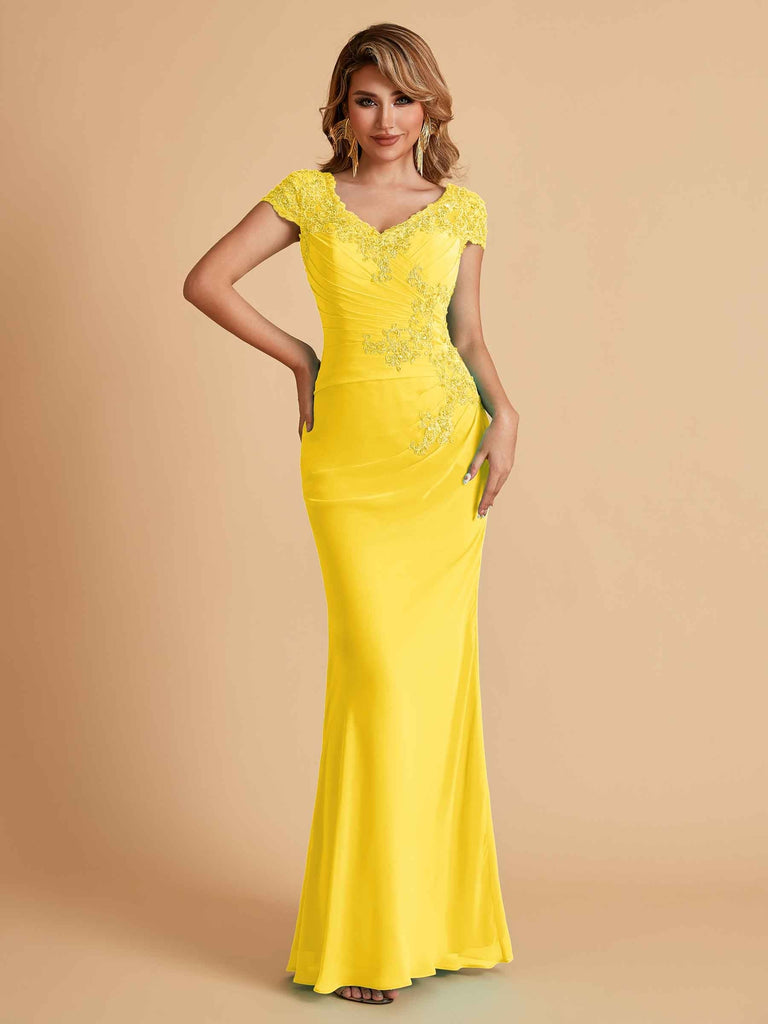 Elegant Mermaid Chiffon Cap Sleeves V-Neck Lace Mother of the Brides Dresses Online UK
