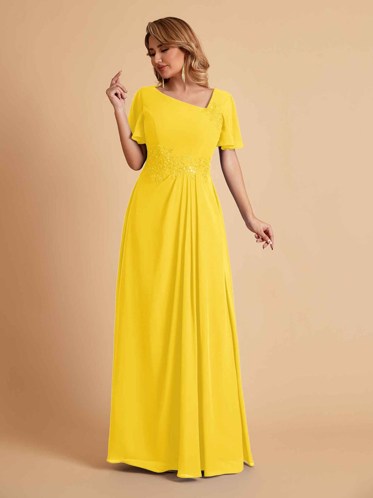 Elegant A-Line Chiffon Short Sleeves V-Neck Mother of the Brides Dresses Online