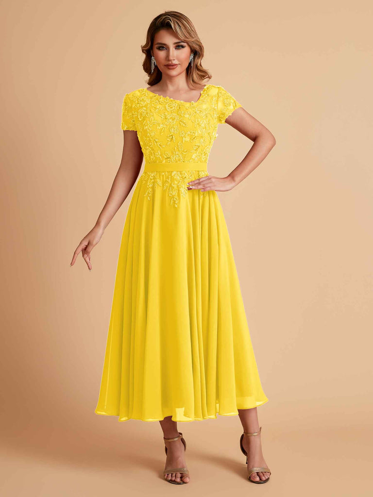 Elegant Chiffon Short Sleeves Short Midi Mother of the Brides Dresses UK Online