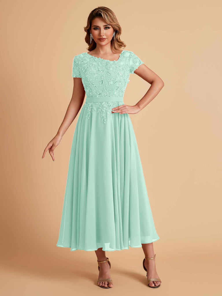 Elegant Chiffon Short Sleeves Short Midi Mother of the Brides Dresses UK Online