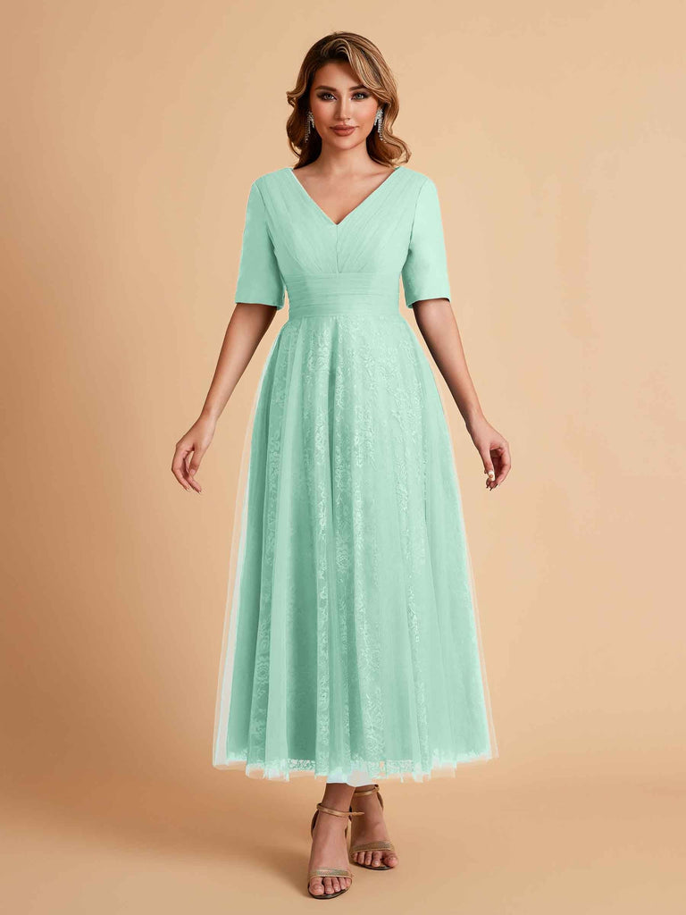 Elegant A-line Short Sleeves Tulle Lace V-neck Maxi Mother of the Brides Dresses Online UK