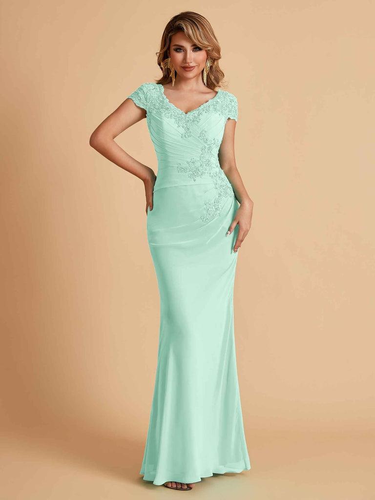 Elegant Mermaid Chiffon Cap Sleeves V-Neck Lace Mother of the Brides Dresses Online UK