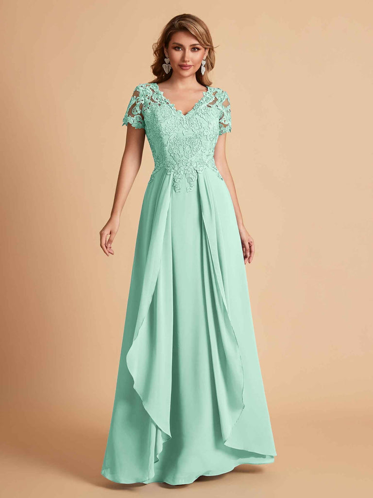 Chiffon Short Sleeves V-neck Lace Mother of the Brides Dresses UK