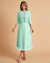 Elegant A-line Bateau Sleeveless Tea Length Short Mother of the Brides Dresses and Jacket