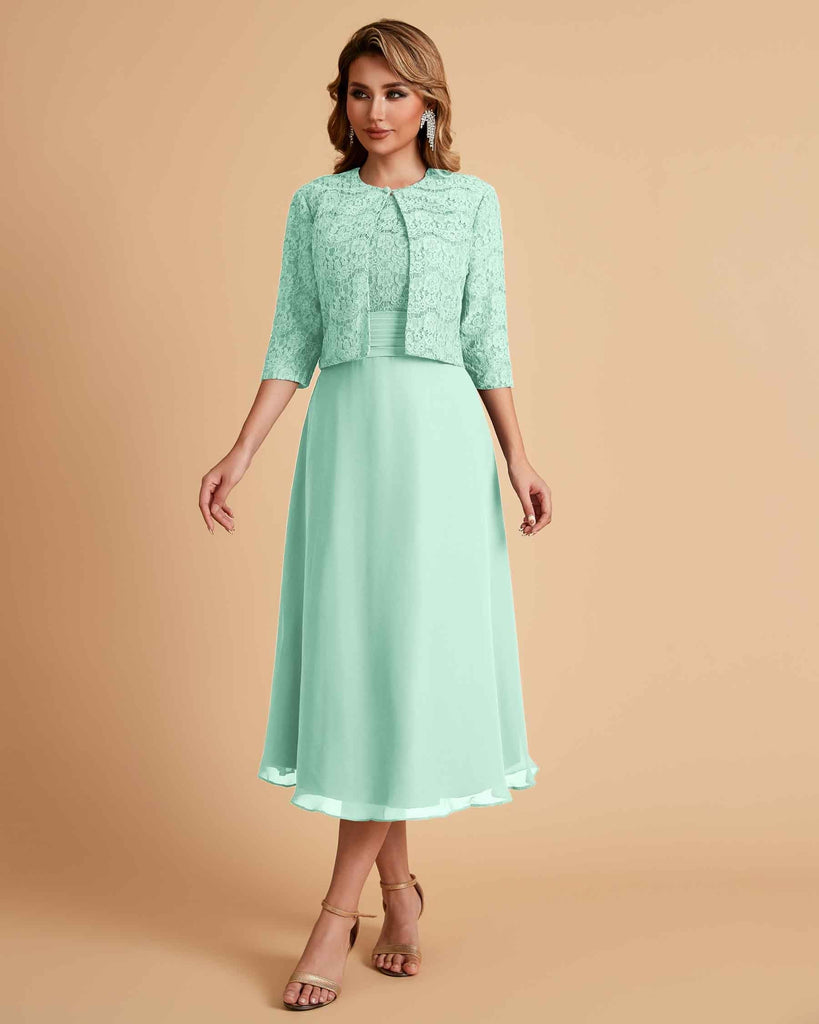 Elegant A-line Bateau Sleeveless Tea Length Short Mother of the Brides Dresses and Jacket