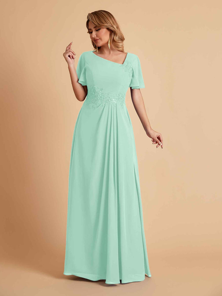 Elegant A-Line Chiffon Short Sleeves V-Neck Mother of the Brides Dresses Online