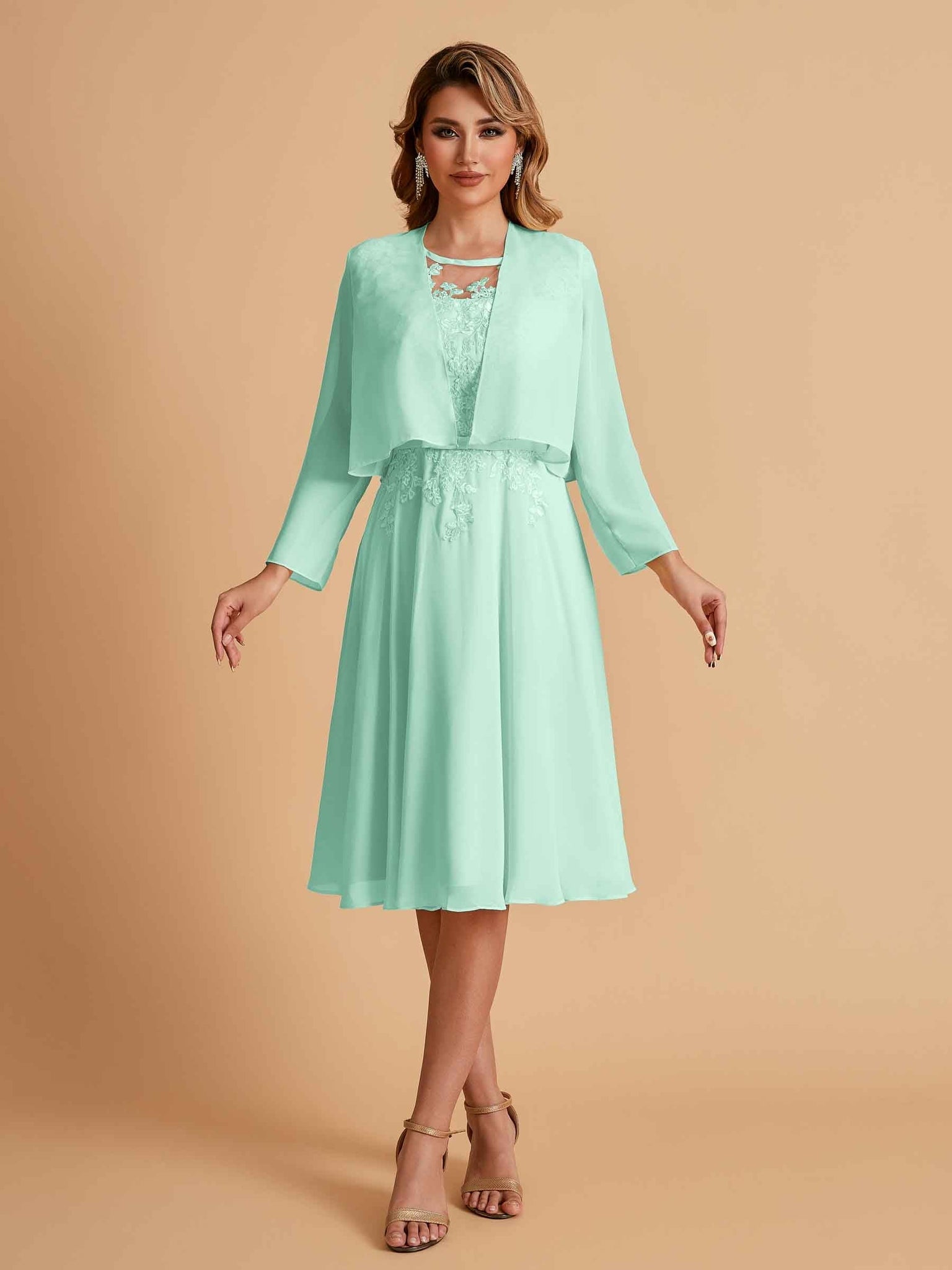 Elegant A-line Chiffon Jewel Lace Short Mother of the Brides Dresses Uk and Jacket