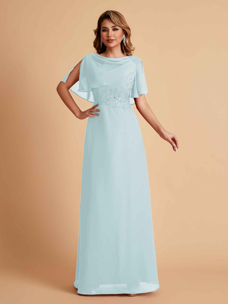 Elegant A-Line Chiffon Half Sleeves Cowl Neck Mother of the Brides Dresses Online UK