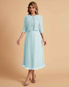 Elegant A-line Bateau Sleeveless Tea Length Short Mother of the Brides Dresses and Jacket