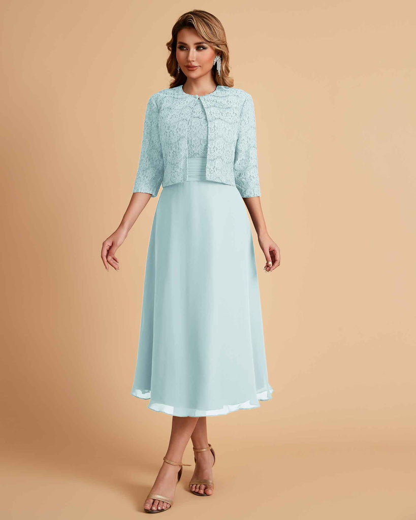 Elegant A-line Bateau Sleeveless Tea Length Short Mother of the Brides Dresses and Jacket