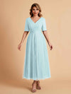 Elegant A-line Short Sleeves Tulle Lace V-neck Maxi Mother of the Brides Dresses Online UK