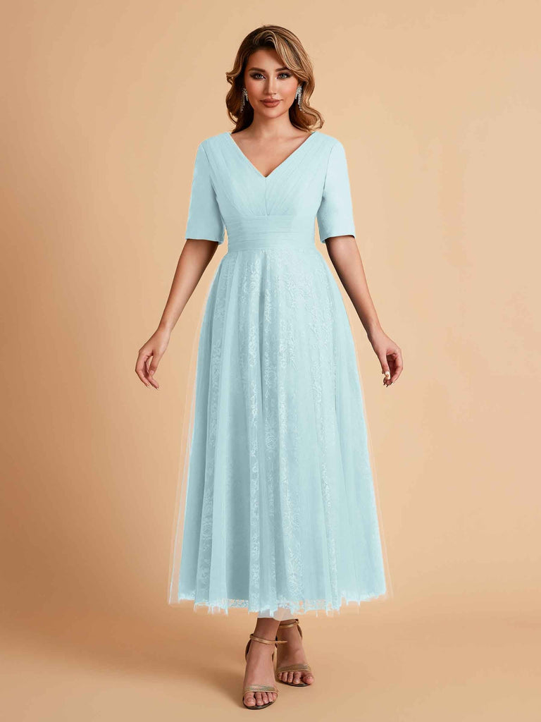 Elegant A-line Short Sleeves Tulle Lace V-neck Maxi Mother of the Brides Dresses Online UK