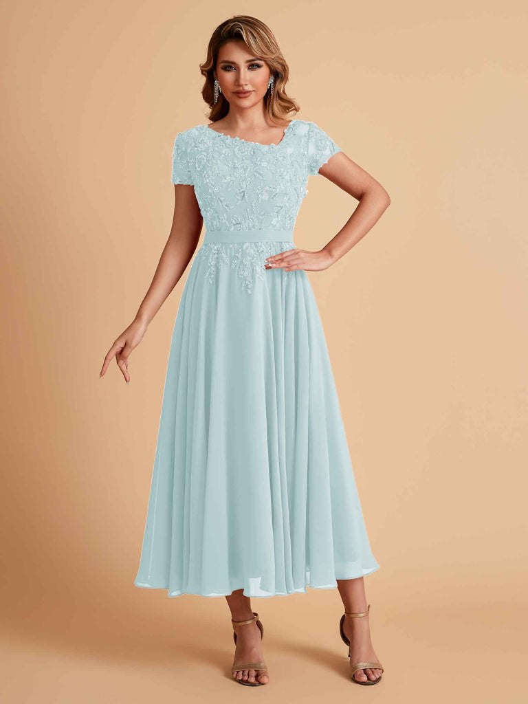 Elegant Chiffon Short Sleeves Short Midi Mother of the Brides Dresses UK Online