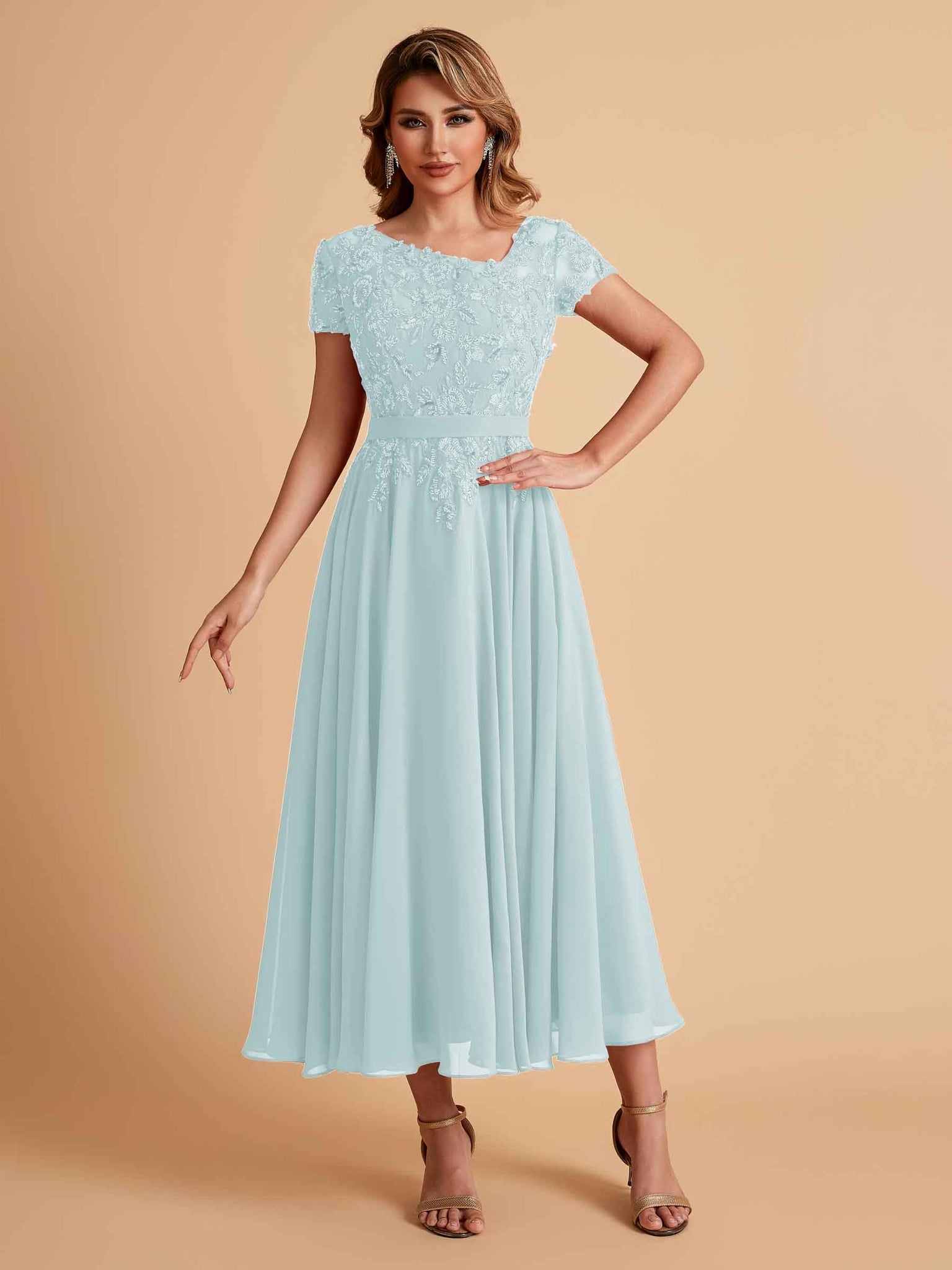 Elegant Chiffon Short Sleeves Short Midi Mother of the Brides Dresses UK Online