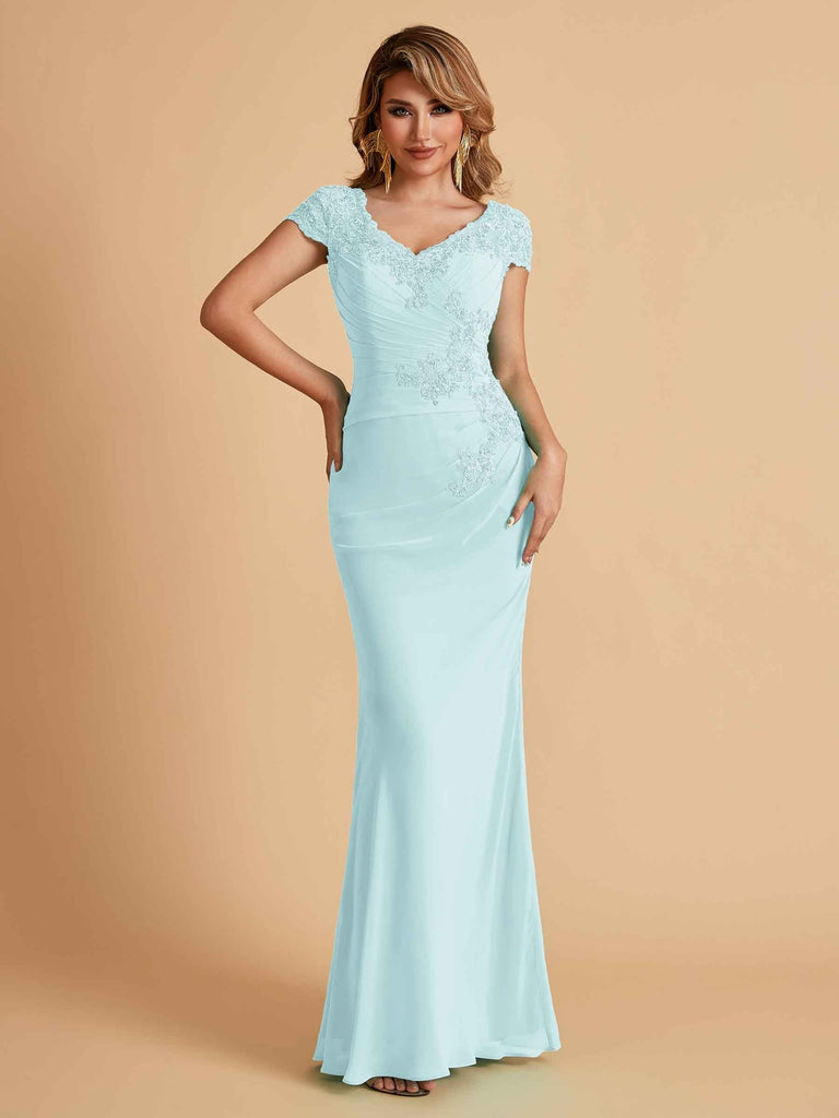 Elegant Mermaid Chiffon Cap Sleeves V-Neck Lace Mother of the Brides Dresses Online UK