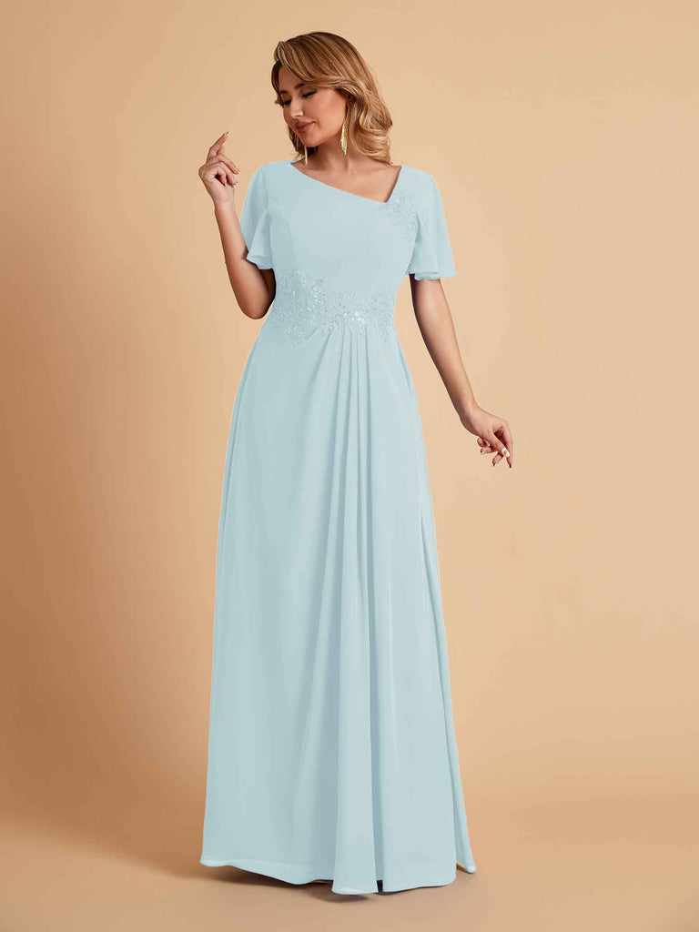 Elegant A-Line Chiffon Short Sleeves V-Neck Mother of the Brides Dresses Online