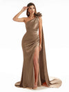 Sexy Side Split One Shoulder Mermaid Long Bridesmaid Dresses In Satin