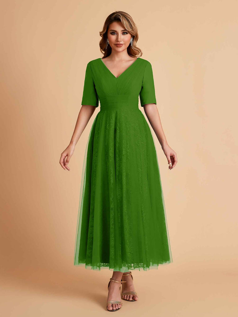 Elegant A-line Short Sleeves Tulle Lace V-neck Maxi Mother of the Brides Dresses Online UK
