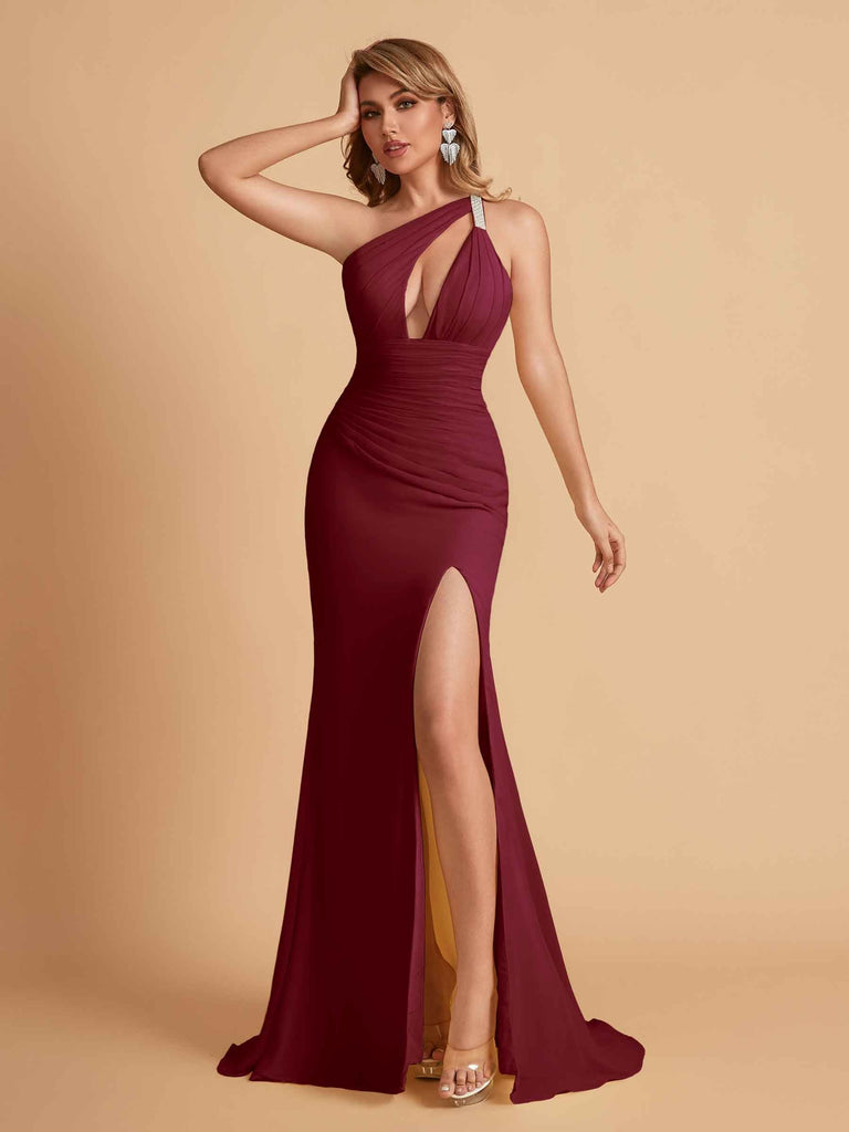 Sexy Mermaid One Shoulder Key Hole Long Bridesmaid Dresses Uk Slit