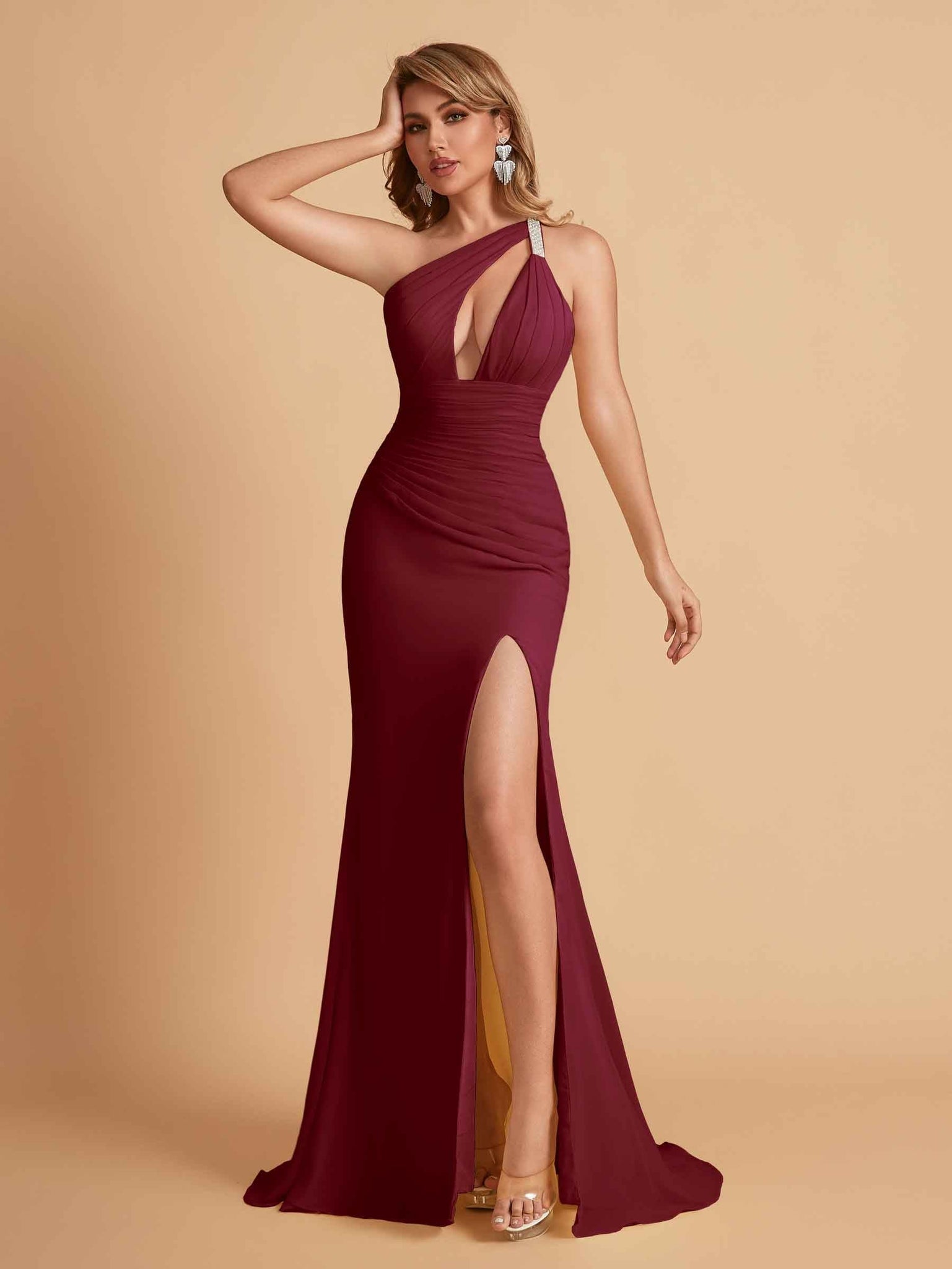 Sexy Mermaid One Shoulder Key Hole Long Bridesmaid Dresses Uk Slit