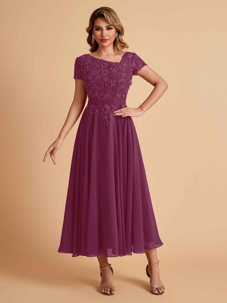 Elegant Chiffon Short Sleeves Short Midi Mother of the Brides Dresses UK Online