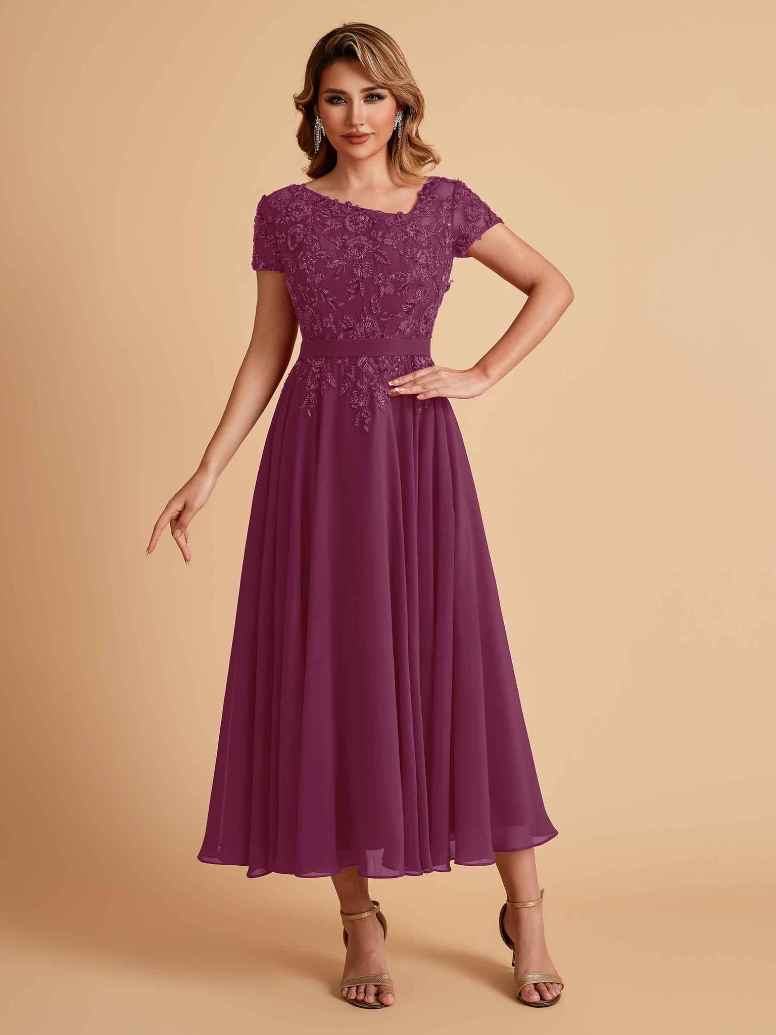 Elegant Chiffon Short Sleeves Short Midi Mother of the Brides Dresses UK Online