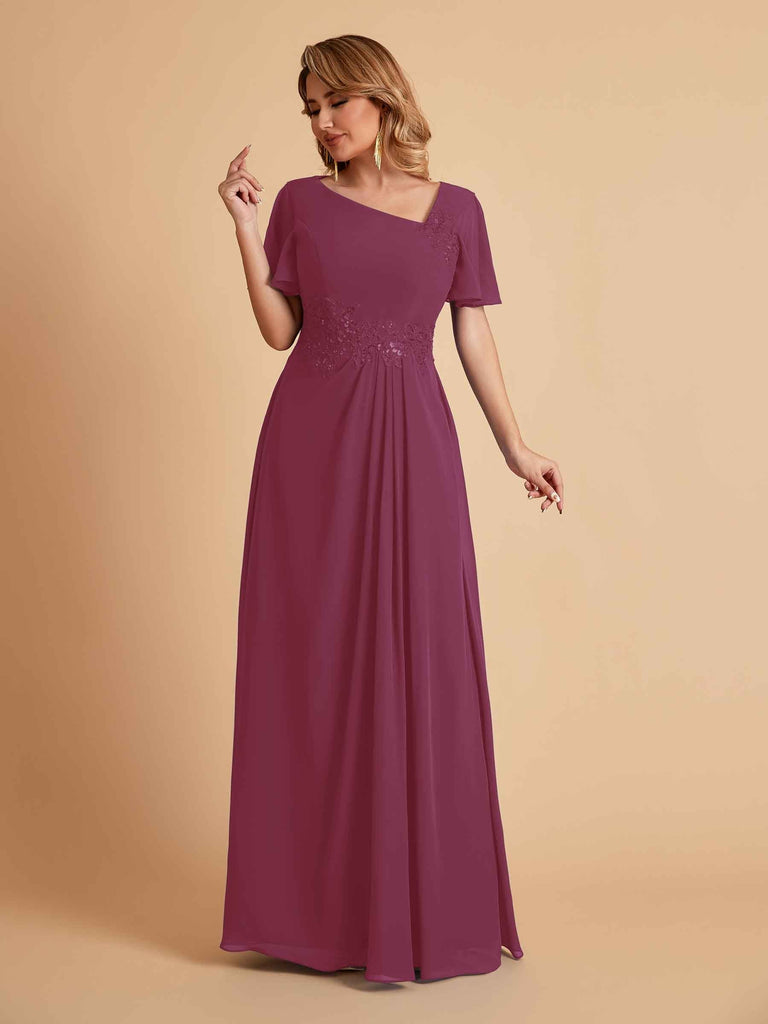 Elegant A-Line Chiffon Short Sleeves V-Neck Mother of the Brides Dresses Online