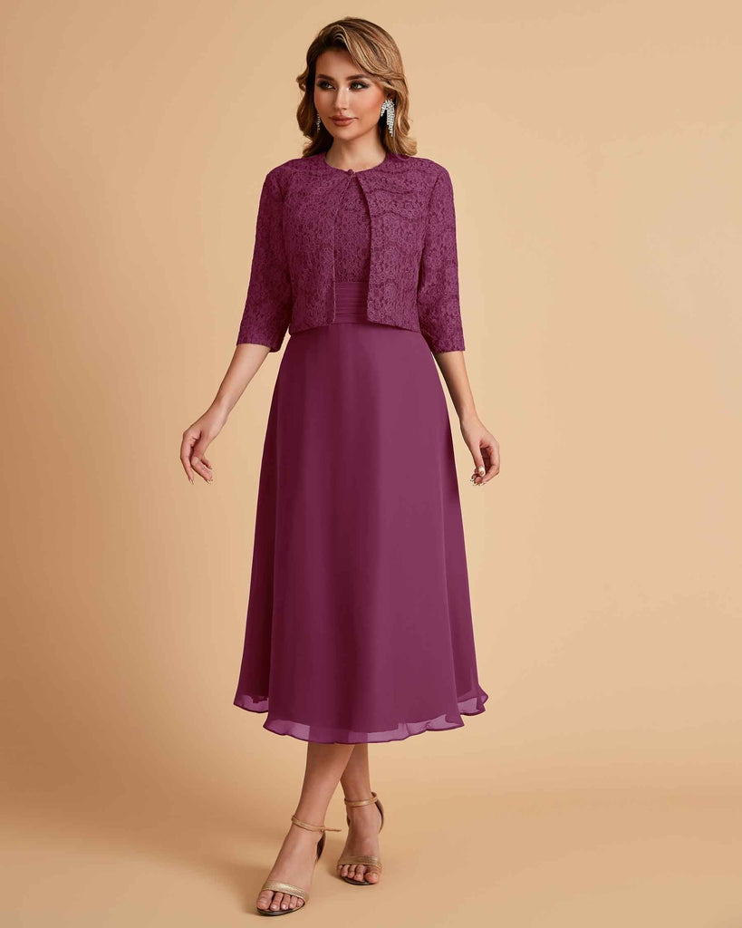 Elegant A-line Bateau Sleeveless Tea Length Short Mother of the Brides Dresses and Jacket