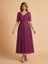 Elegant A-line Short Sleeves Tulle Lace V-neck Maxi Mother of the Brides Dresses Online UK
