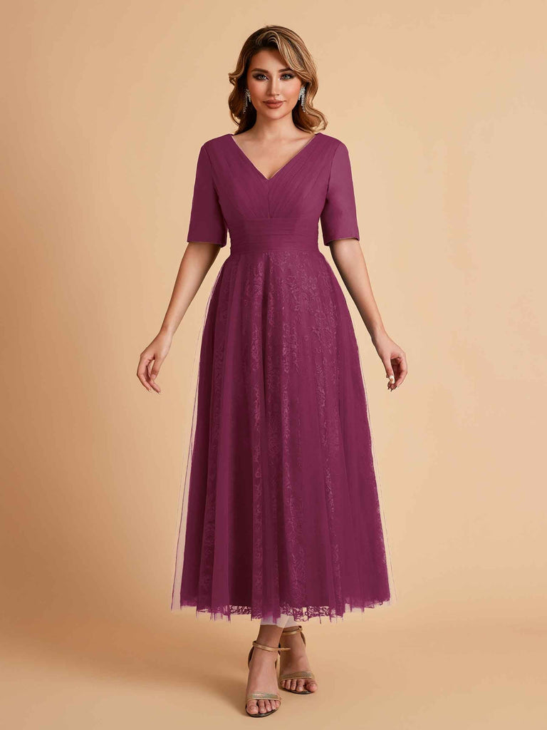 Elegant A-line Short Sleeves Tulle Lace V-neck Maxi Mother of the Brides Dresses Online UK