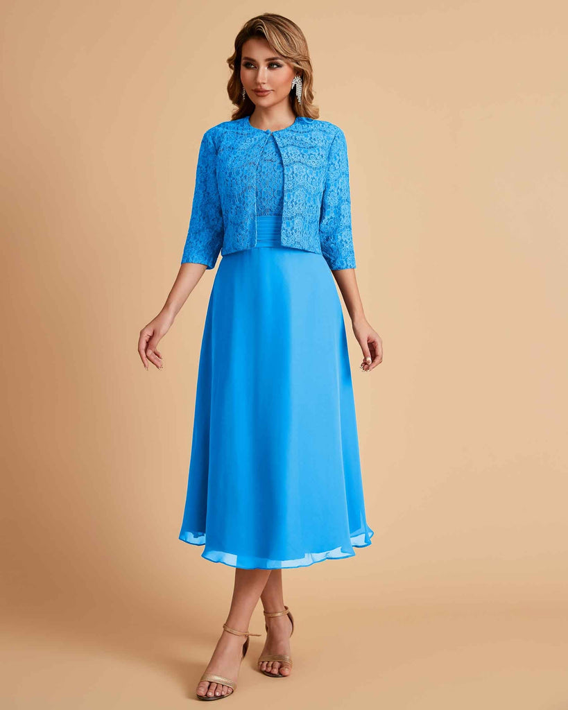 Elegant A-line Bateau Sleeveless Tea Length Short Mother of the Brides Dresses and Jacket
